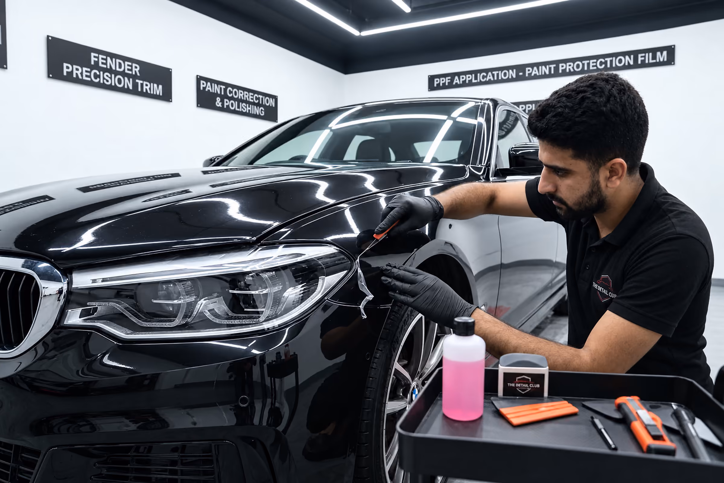 Paint protection film being professionally applied to a vehicle